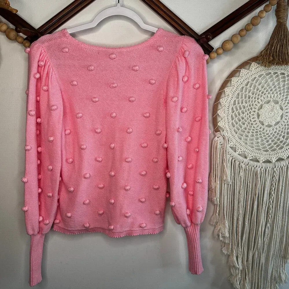 NEW Lilly Pulitzer Kippa Pink Blossom Pom Embellished Puff Sleeve Sweater - Picture 5 of 5